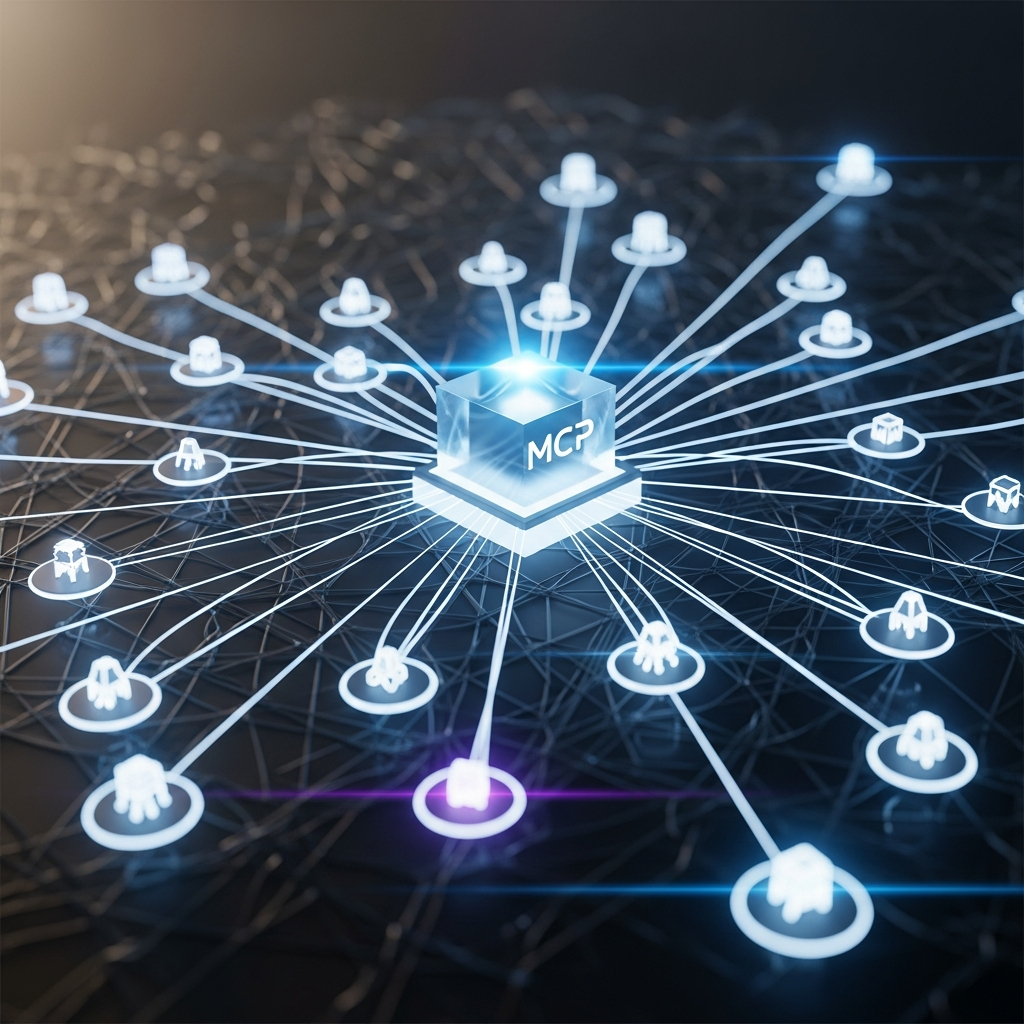 A technical visualization of multiple glowing nodes (AI agents) connecting seaml
