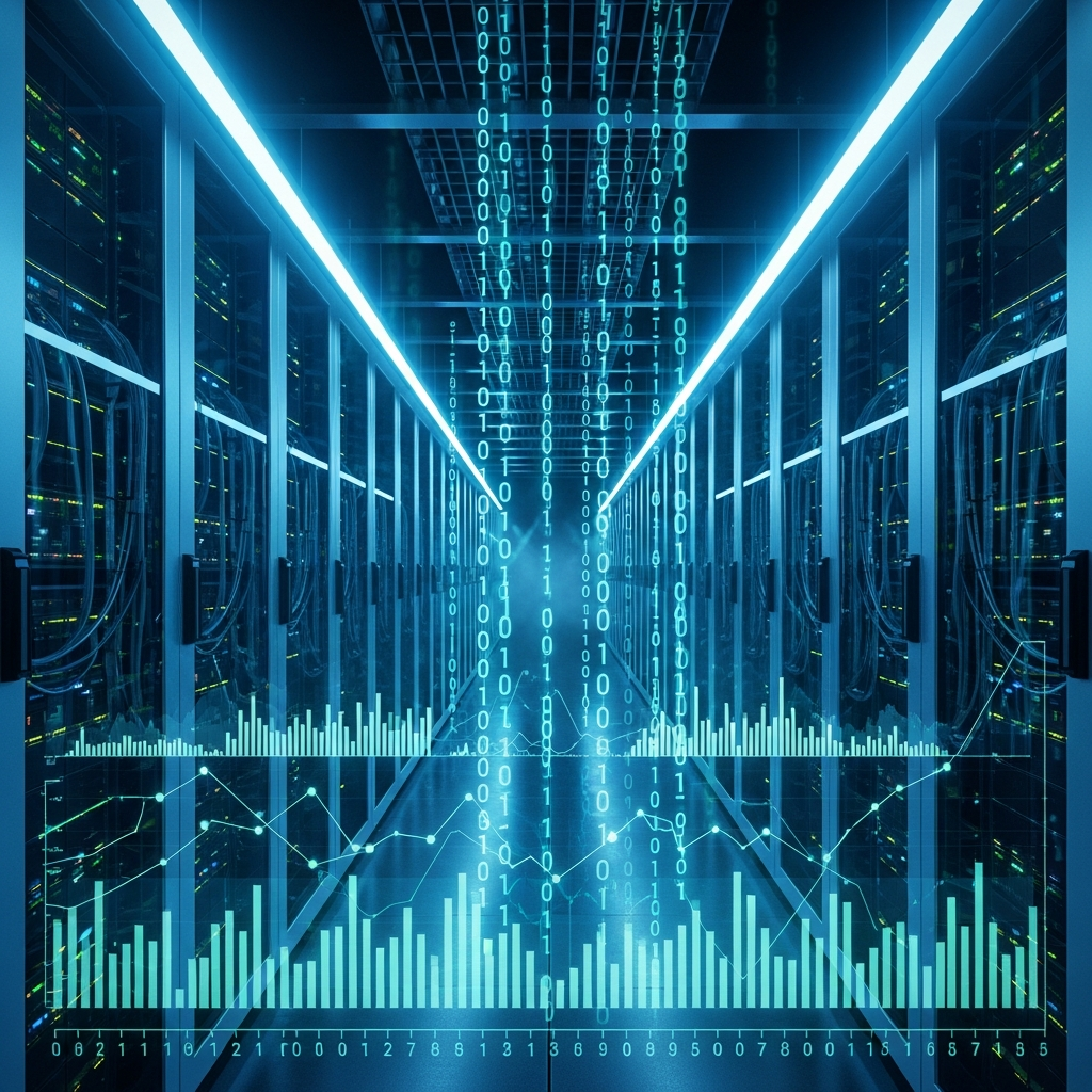 Rows of high-performance server racks in a data center bathed in cool blue light