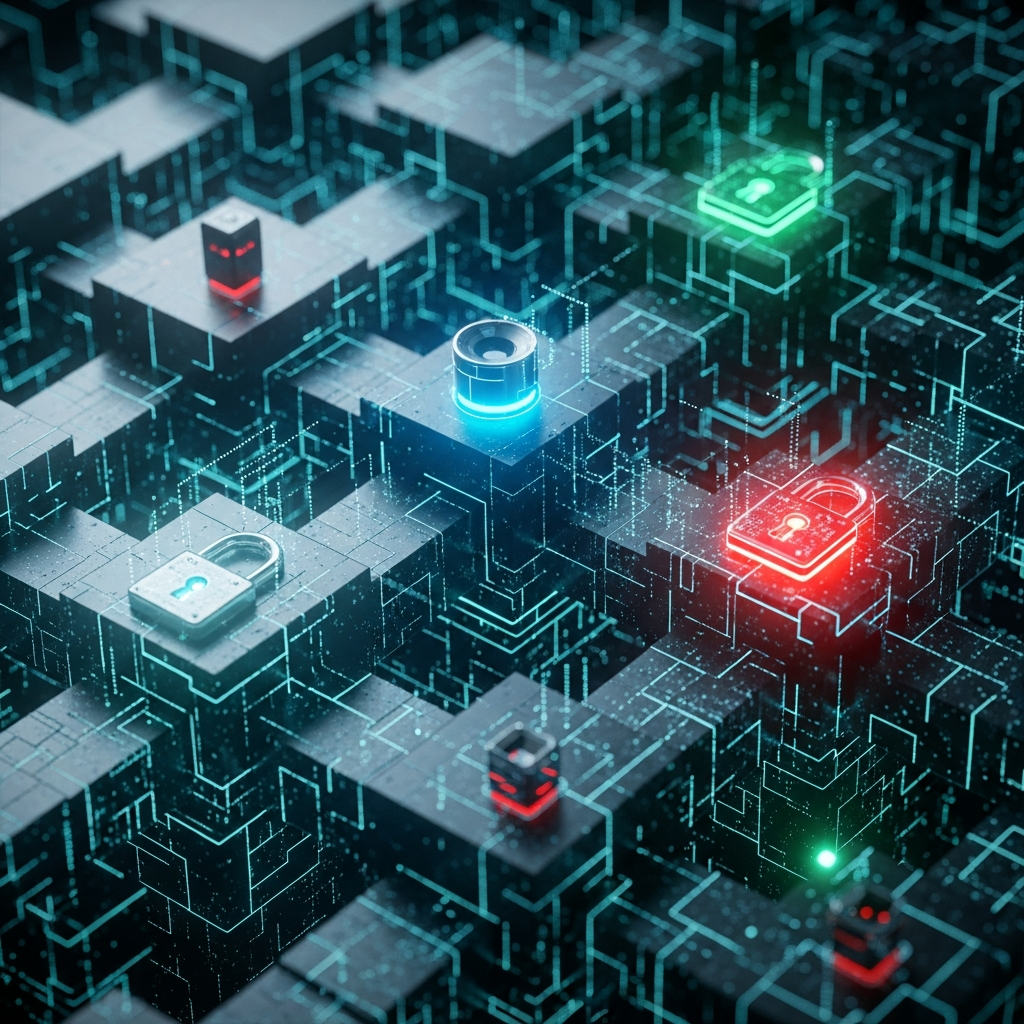 A complex digital supply chain represented by interlocking blocks, with security