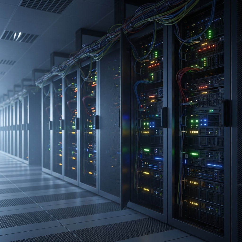 A server room with racks of blinking lights, symbolizing the robust infrastructu