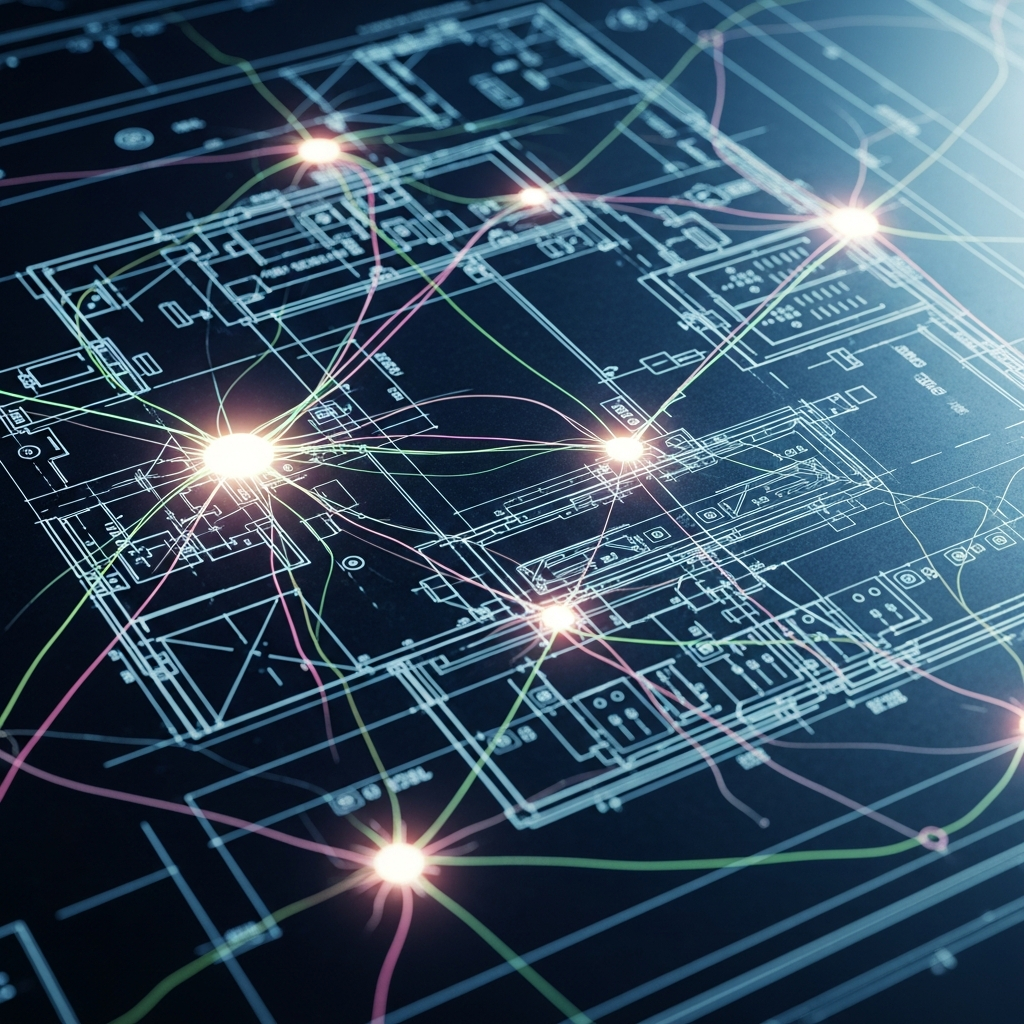 A blueprint or architectural diagram overlayed with glowing neural network conne
