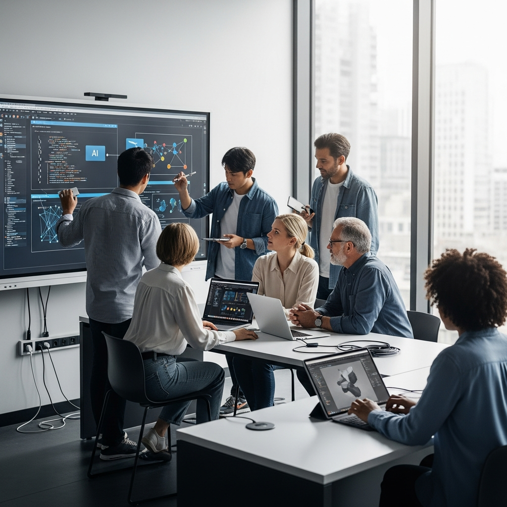A diverse group of people in a modern classroom setting, some looking at screens