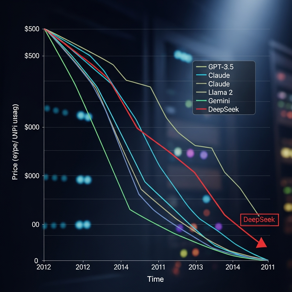 A graph showing a steep downward trend in API pricing over time for various AI m