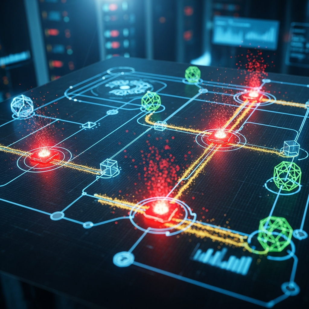 A complex network diagram with red flashing nodes indicating security breaches a