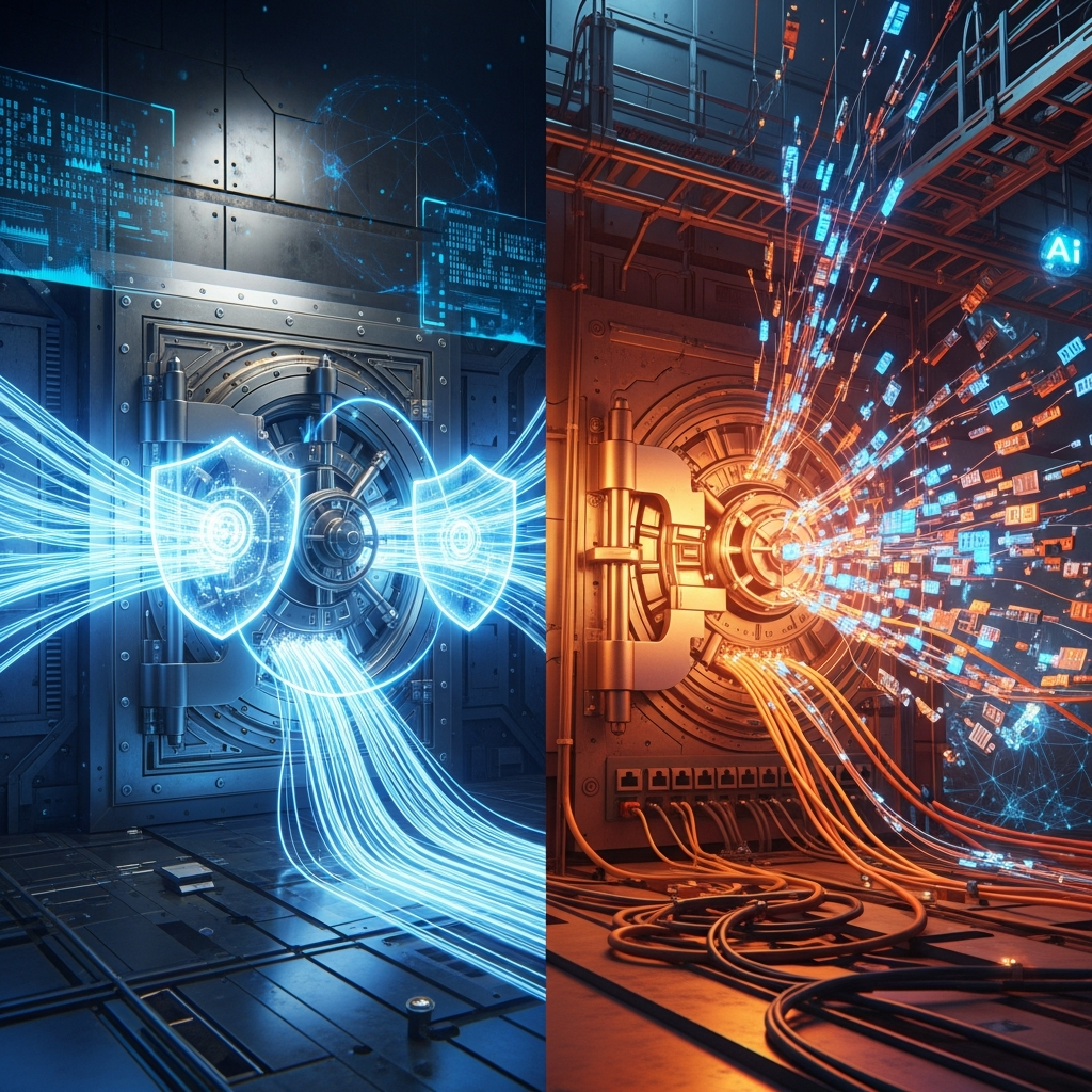 A complex network of data flowing into a secure vault, with locks and protective