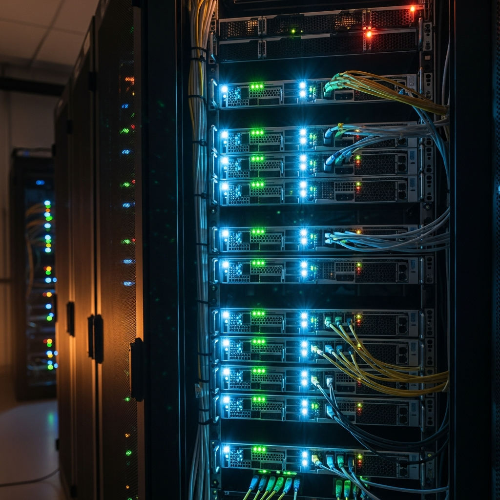 A data center rack filled with glowing servers, symbolizing the physical infrast