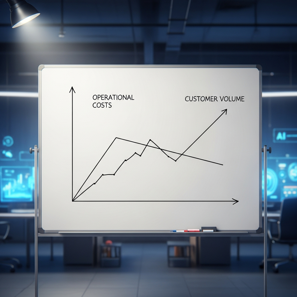 A minimalist line graph on a whiteboard showing a sharp downward trend in operat