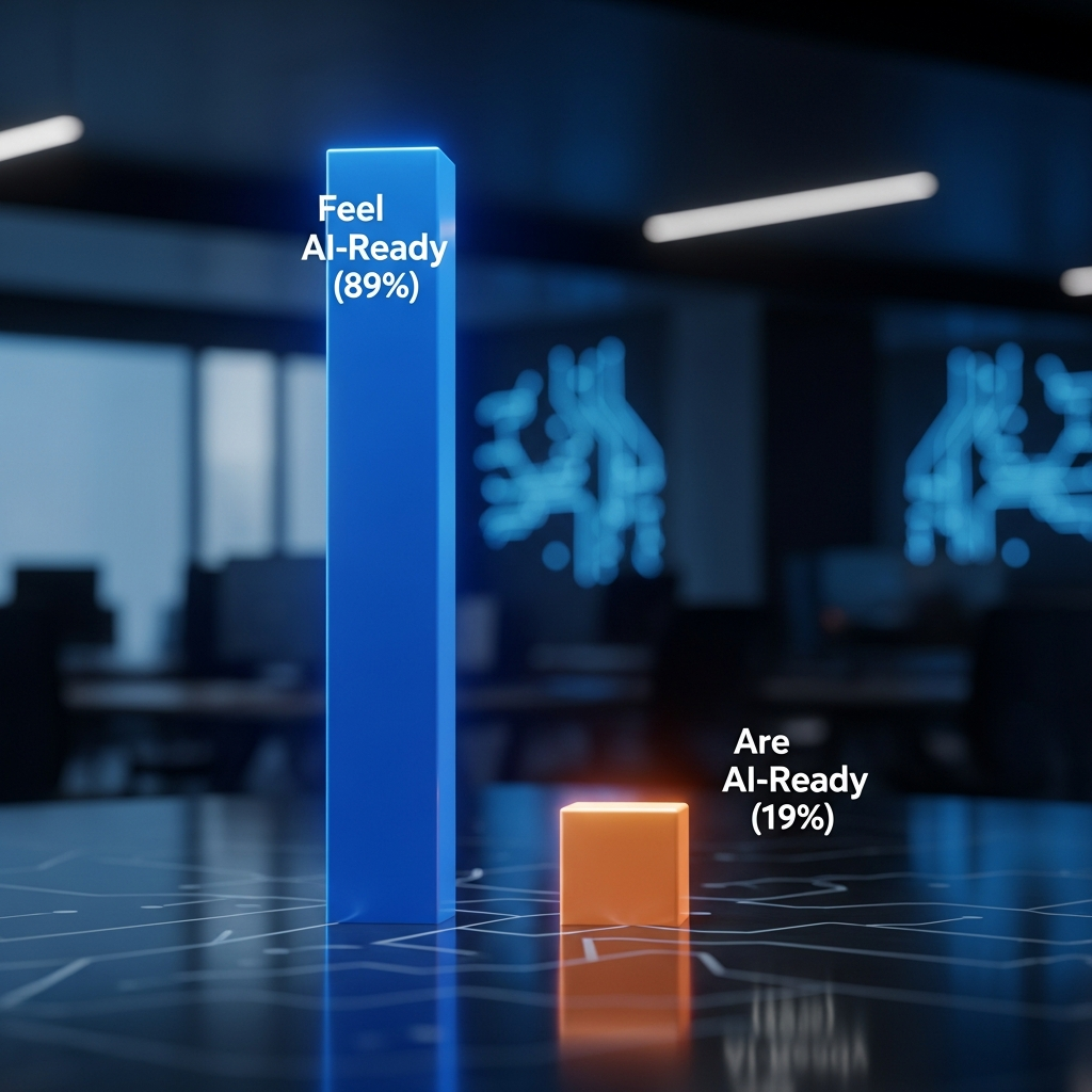 A bar chart showing two bars: one tall bar labeled "Feel AI-Ready (89%)" and a m