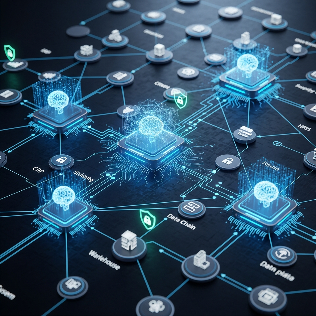 A complex network diagram showing various enterprise systems connected by AI mod