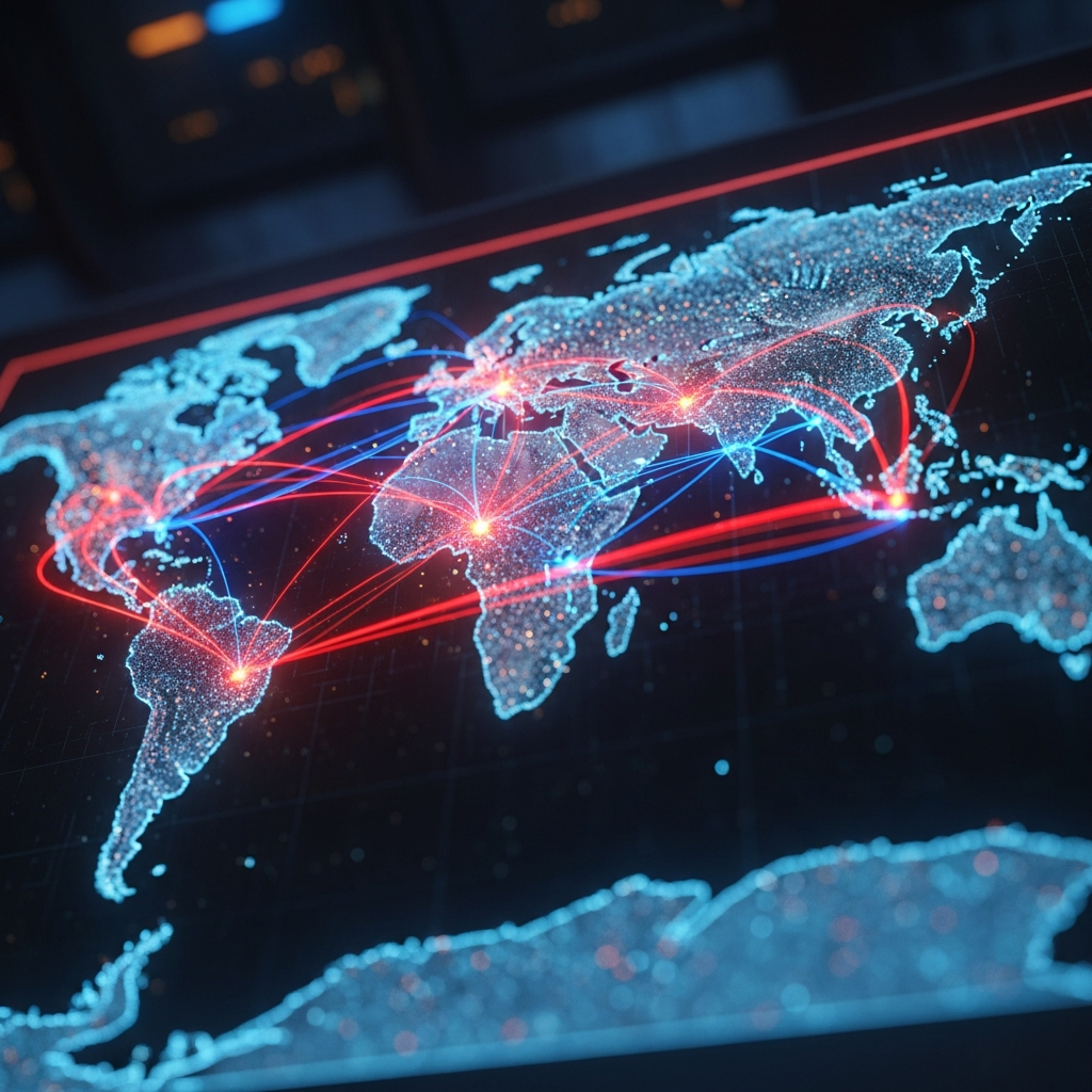 A stylized world map with red and blue lines connecting different regions, some