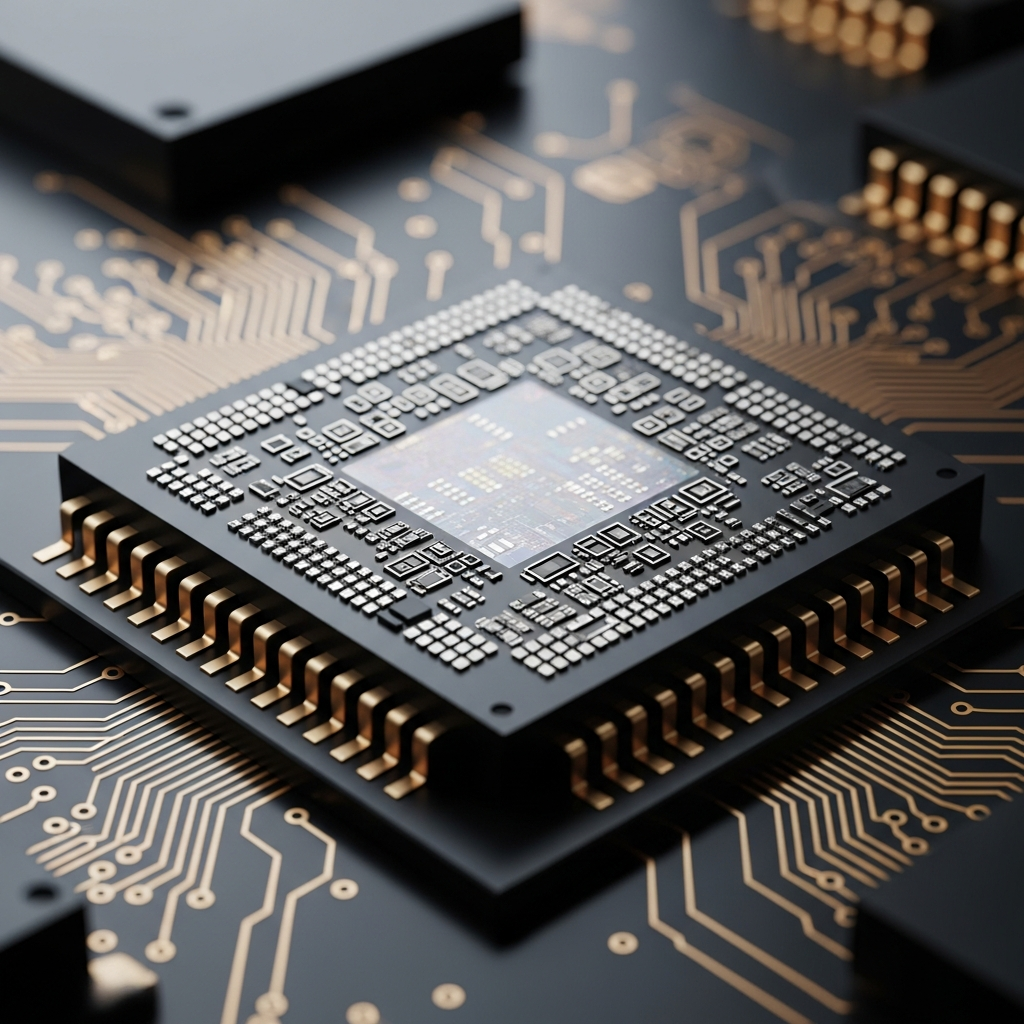 A close-up, high-resolution shot of a modern semiconductor chip or a circuit boa