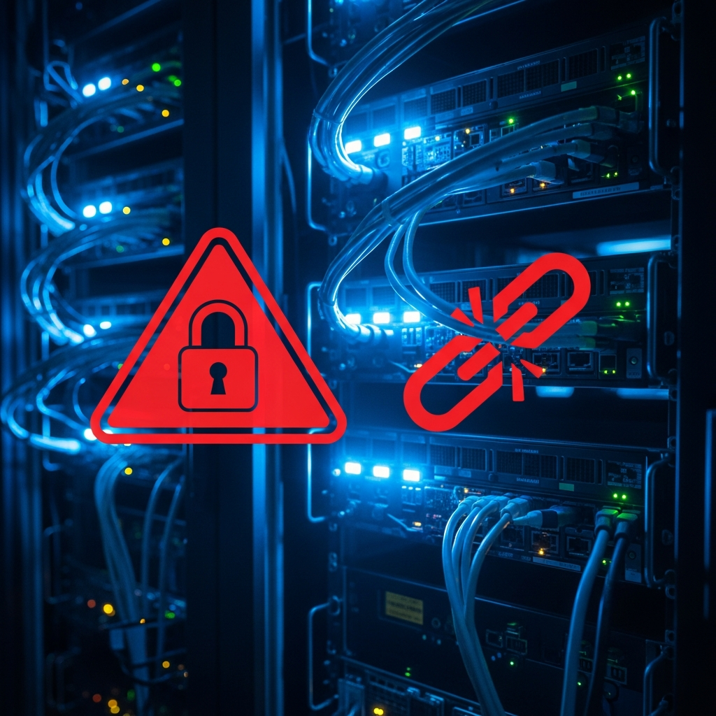 A complex server rack with glowing blue lights, overlaid with red warning symbol