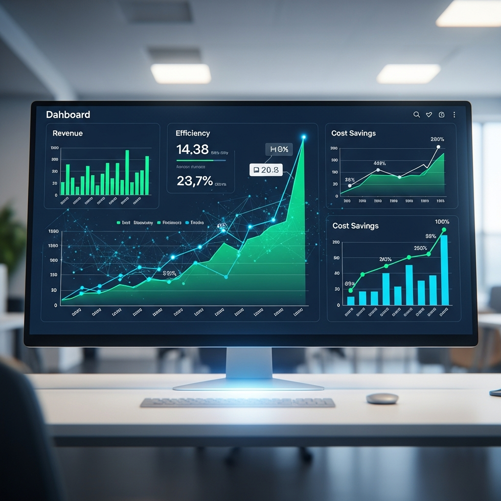 A dashboard displaying various business metrics (revenue, efficiency, cost savin