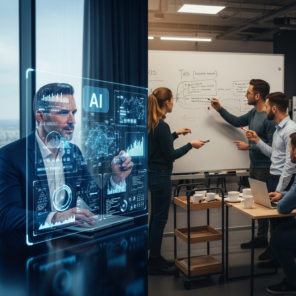 A split image. One side shows a CEO in a sleek office looking at a futuristic AI