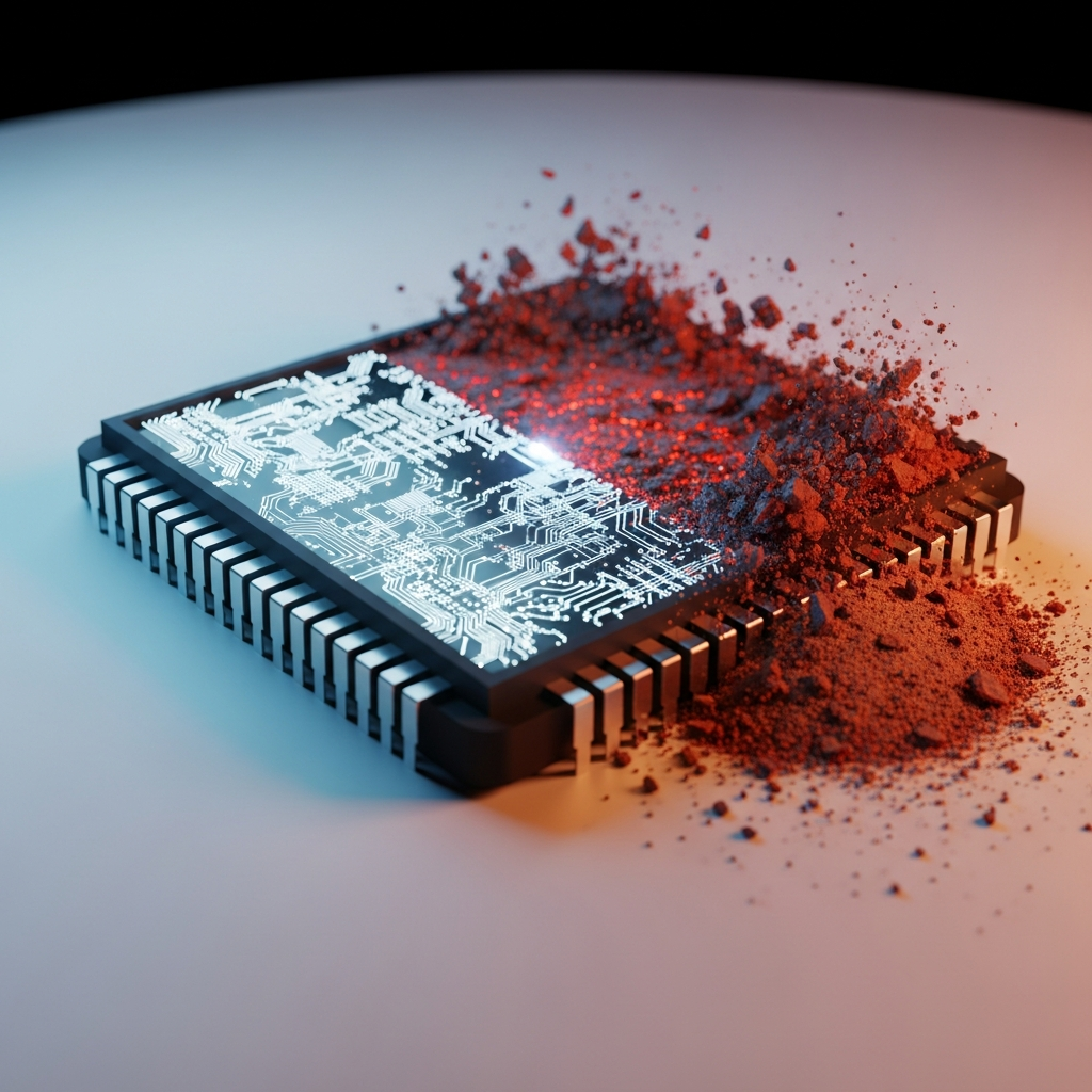 A highly futuristic microchip sitting on a stark white table, half of it rapidly