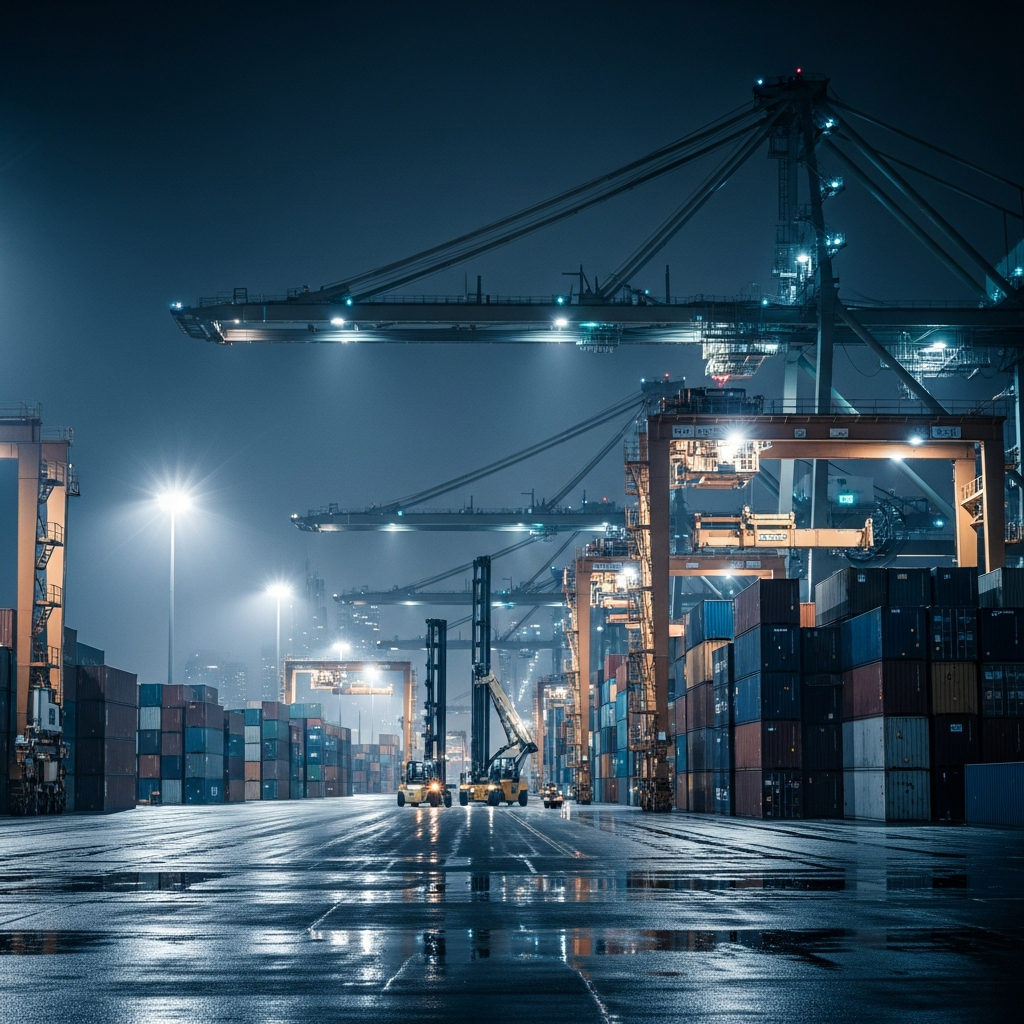 A moody, cinematic shot of shipping containers at the Port of Singapore at night