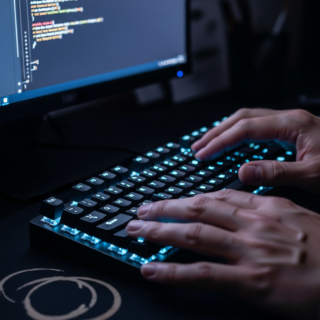 A close-up, dimly lit shot of a developer's hands resting on a mechanical keyboa