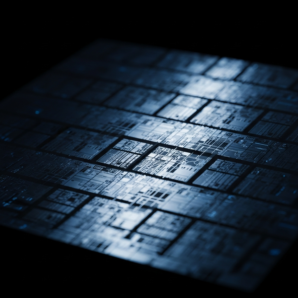 Macro photography of a custom silicon wafer, highlighting the intricate physical
