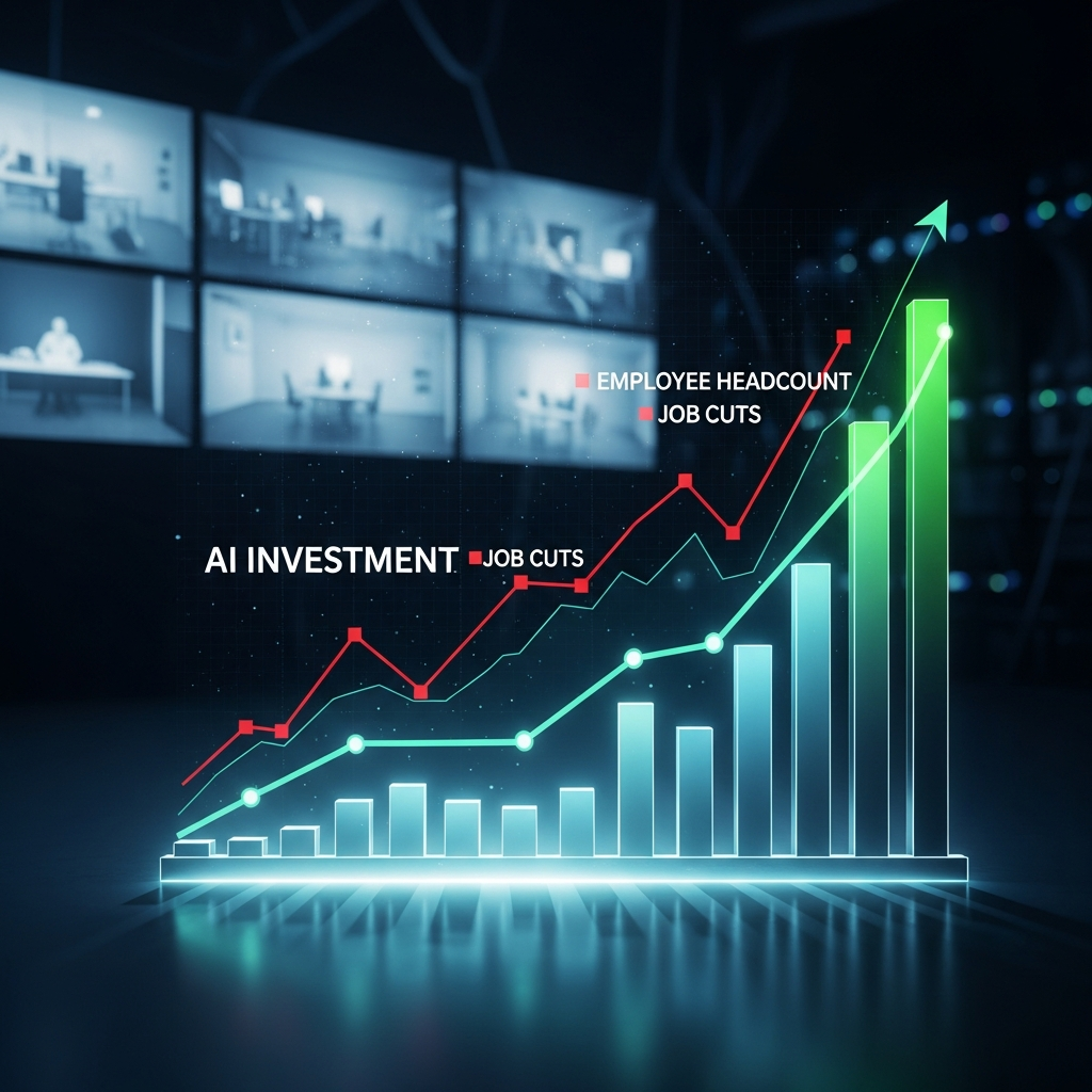 A graph showing rising AI investment juxtaposed with declining employee headcoun