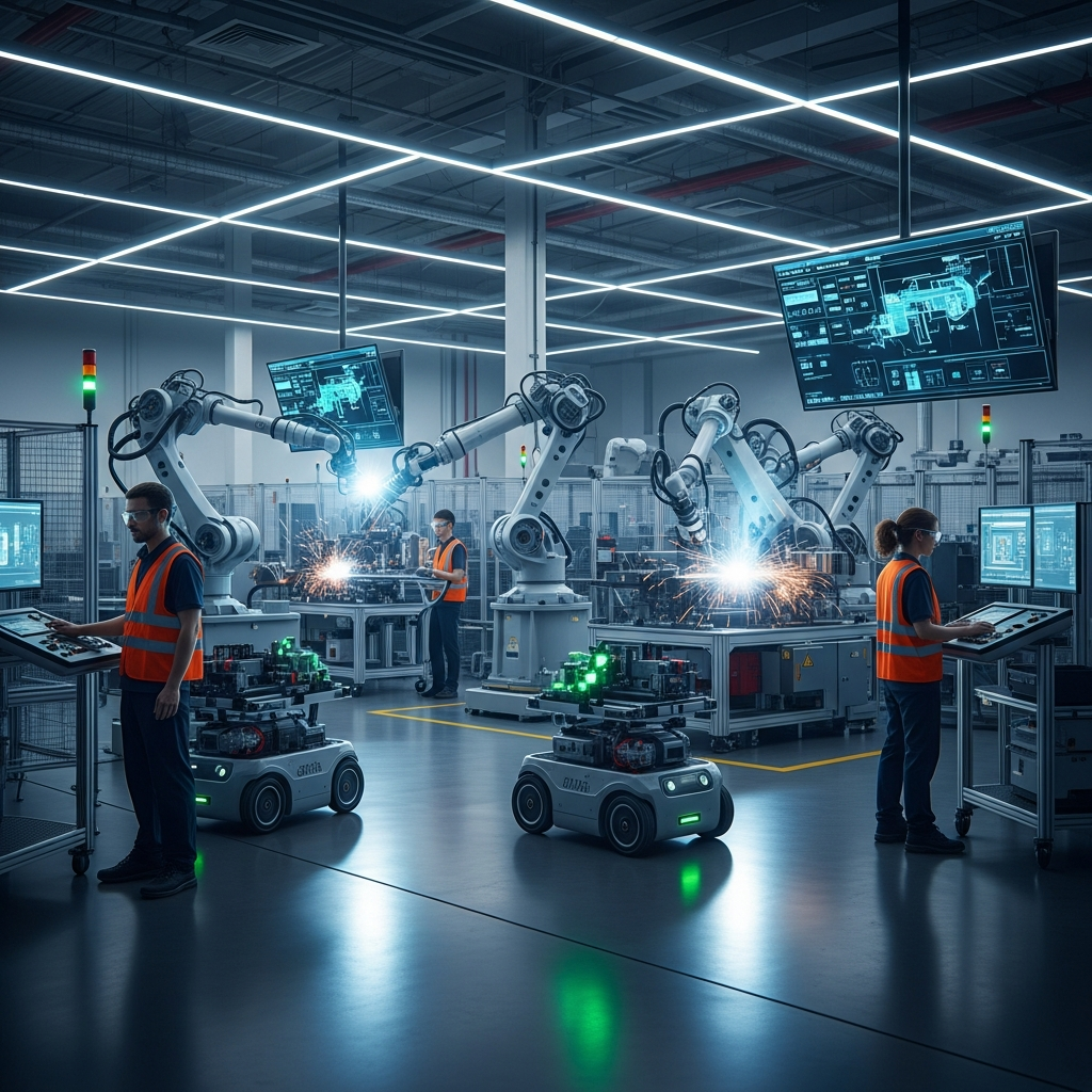 A factory floor with robots working efficiently alongside human operators, repre