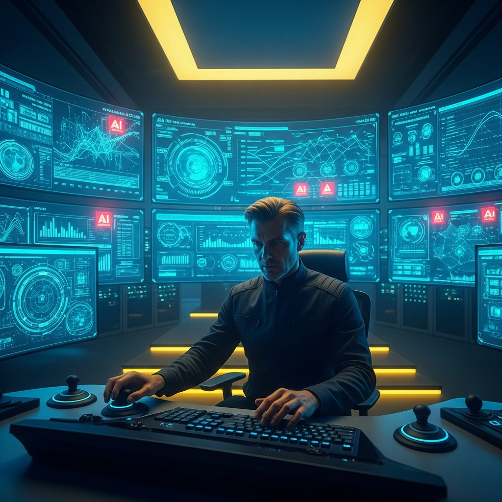 A control room with a human operator monitoring multiple screens displaying AI s