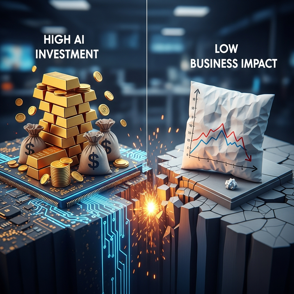 Infographic comparing high AI investment with low reported business impact, high