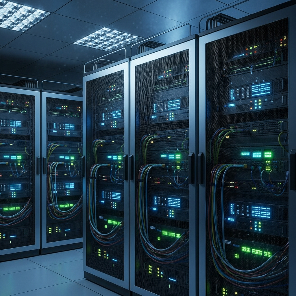 A modern server room with glowing rack lights, emphasizing compute power
