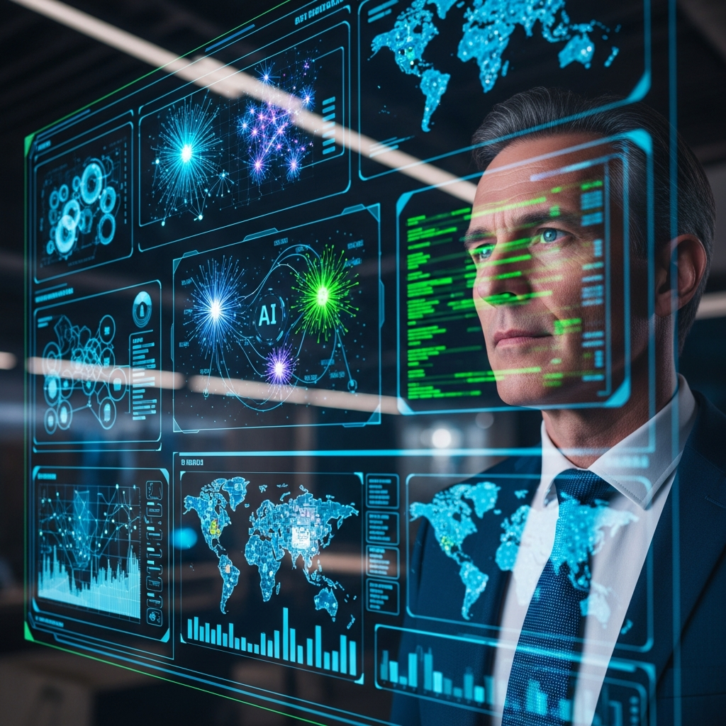 Government official looking at a complex AI dashboard with data visualizations