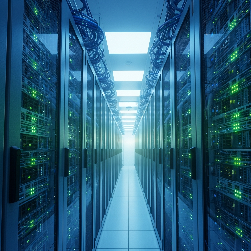 Server racks in a massive, modern data center