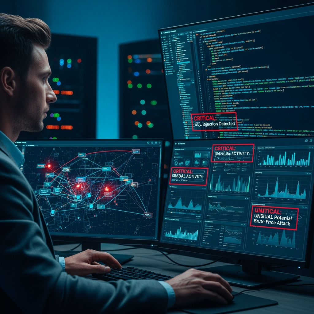 A cybersecurity analyst looking intently at multiple screens displaying complex