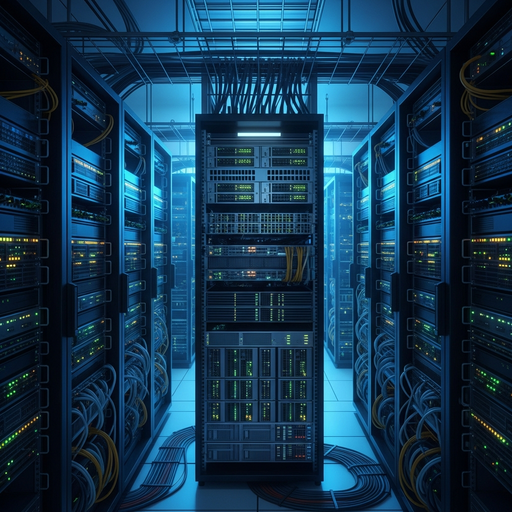 A server room with rows of blinking lights, showing high-density racks of server