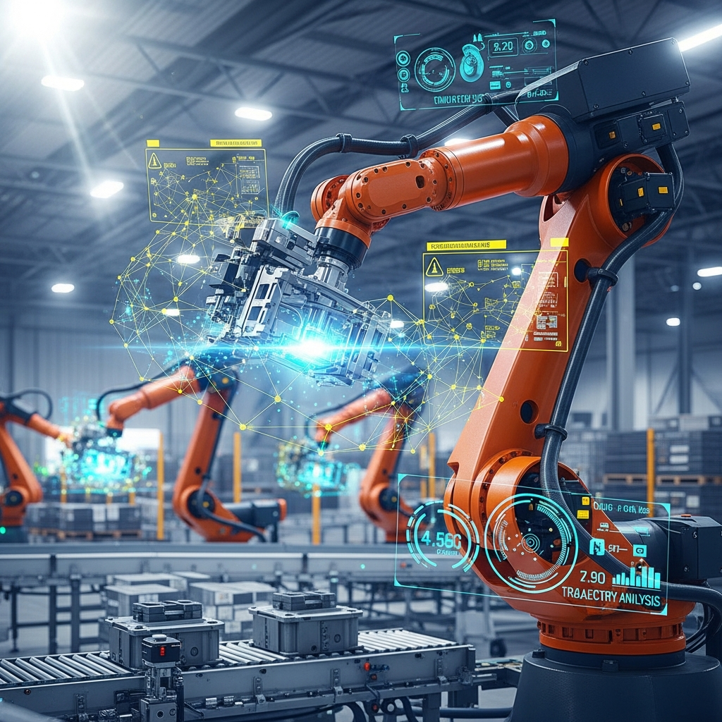 An industrial robot arm in a factory setting, with augmented reality overlays sh