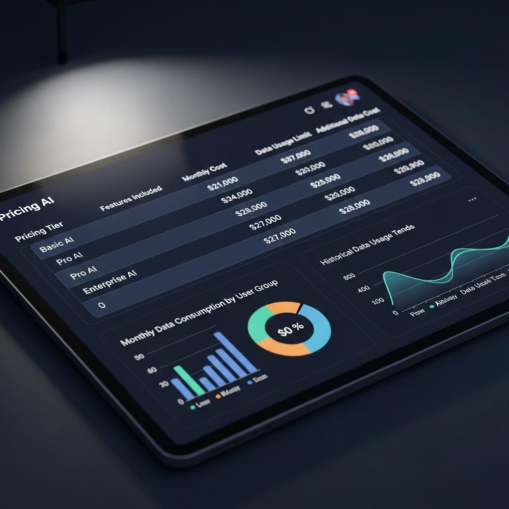 A spreadsheet or dashboard showing AI pricing tiers and data usage metrics