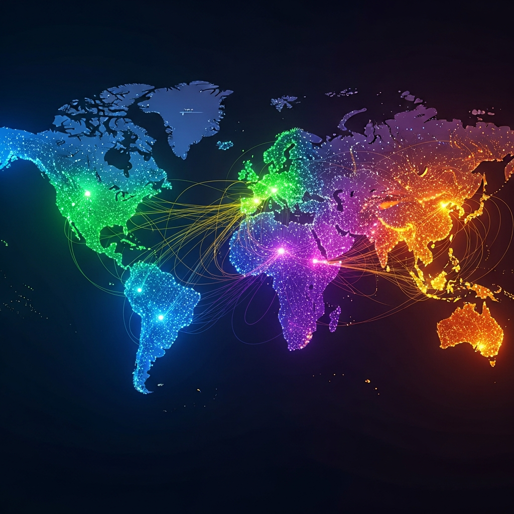 A stylized map of the world with interconnected nodes, highlighting different re