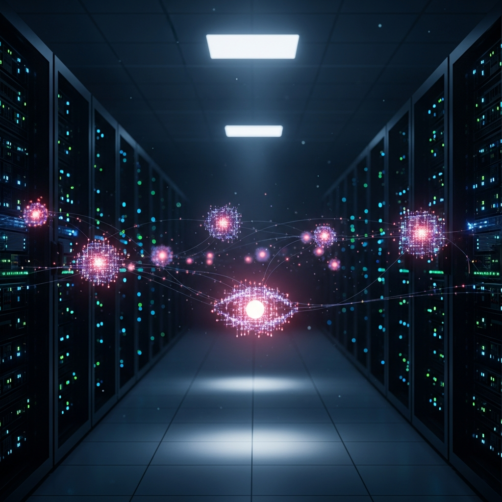 A dimly lit corporate server room overlaid with glowing, unauthorized network no