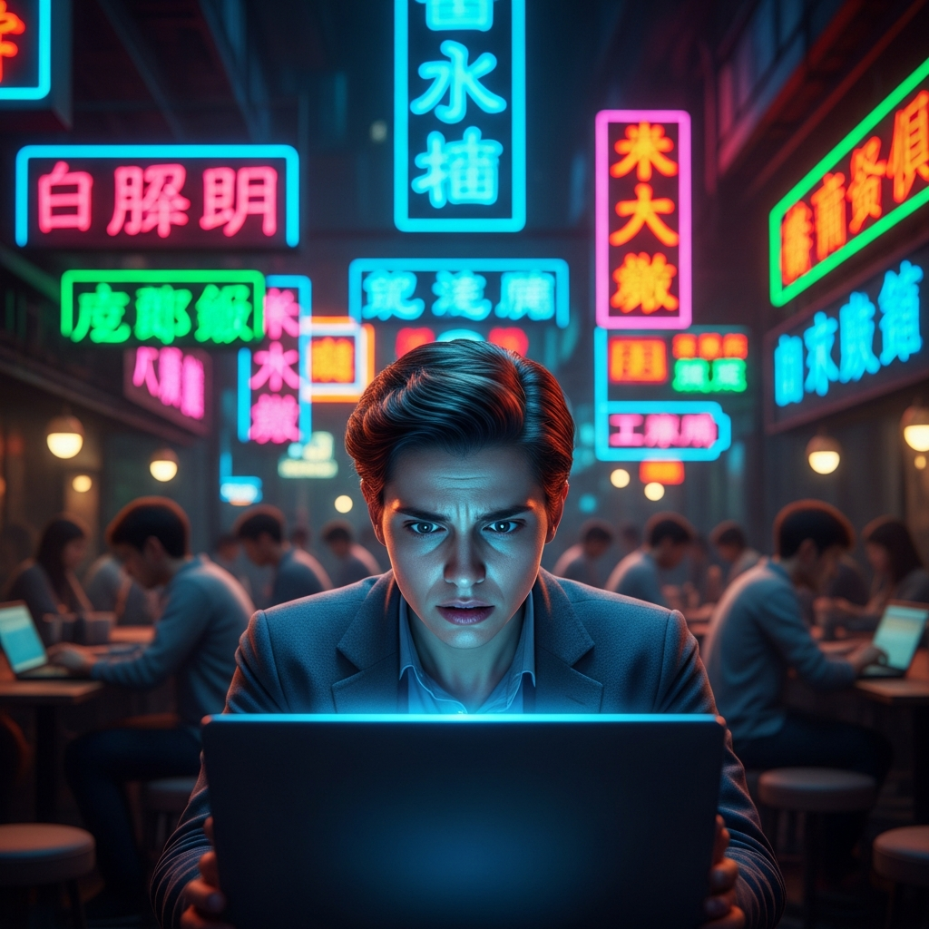 A stark, high-contrast photograph of a young professional looking anxiously at a