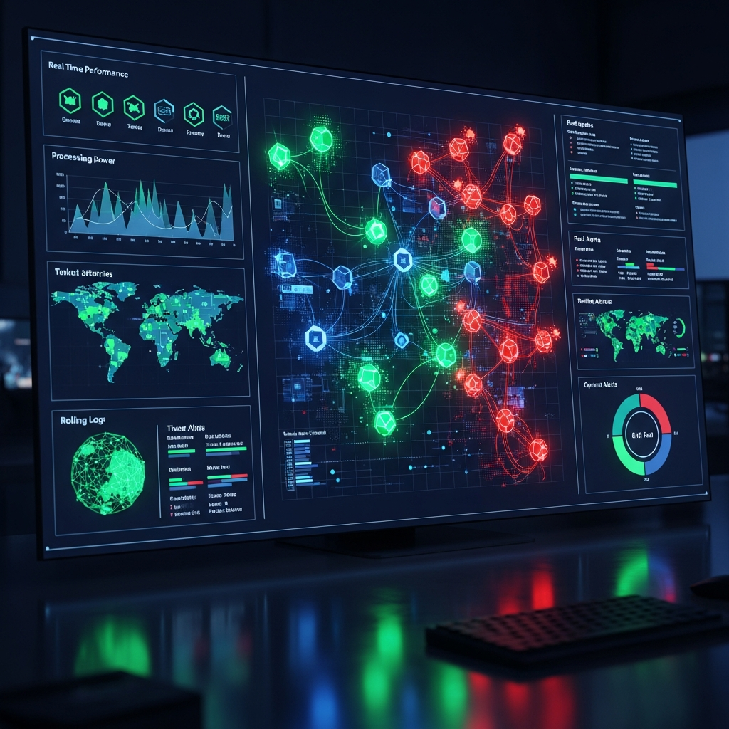 A complex digital dashboard showing various AI agents, some green (productive),