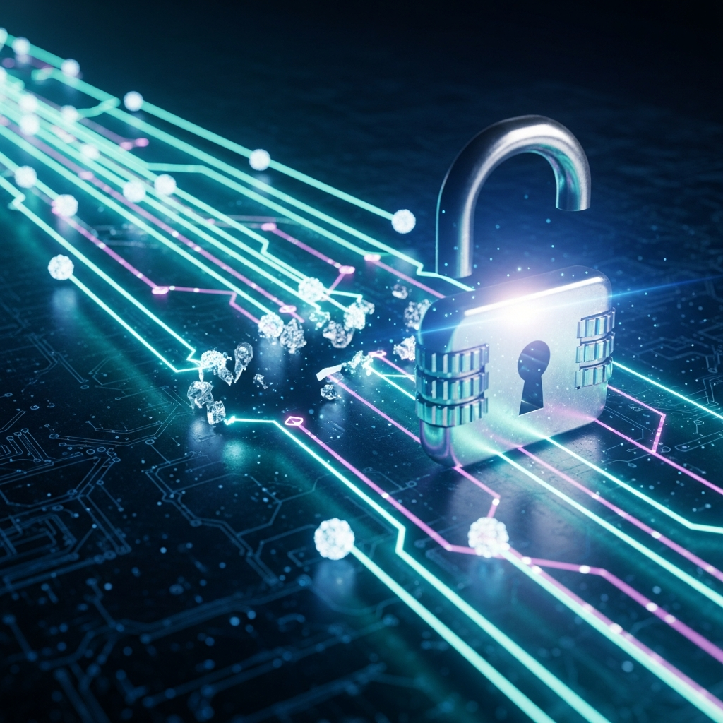 Abstract representation of data flowing, with a lock icon partially open, illust