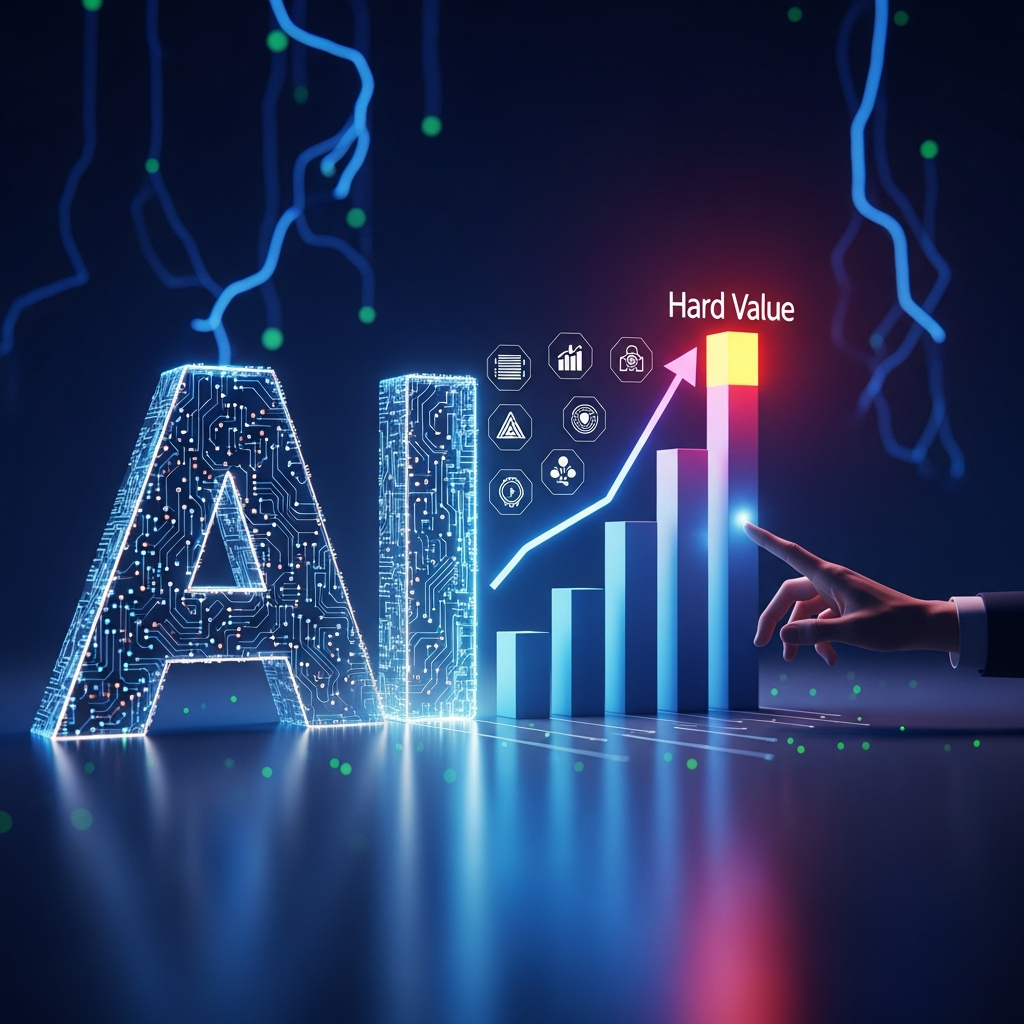 A modern data center with glowing servers and AI neural network visualizations, blue and purple ambient lighting
