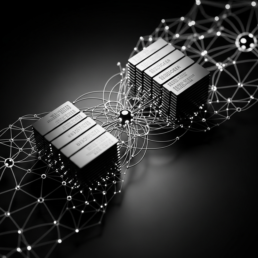 A minimalist visualization of a neural network overlapping with a secure digital