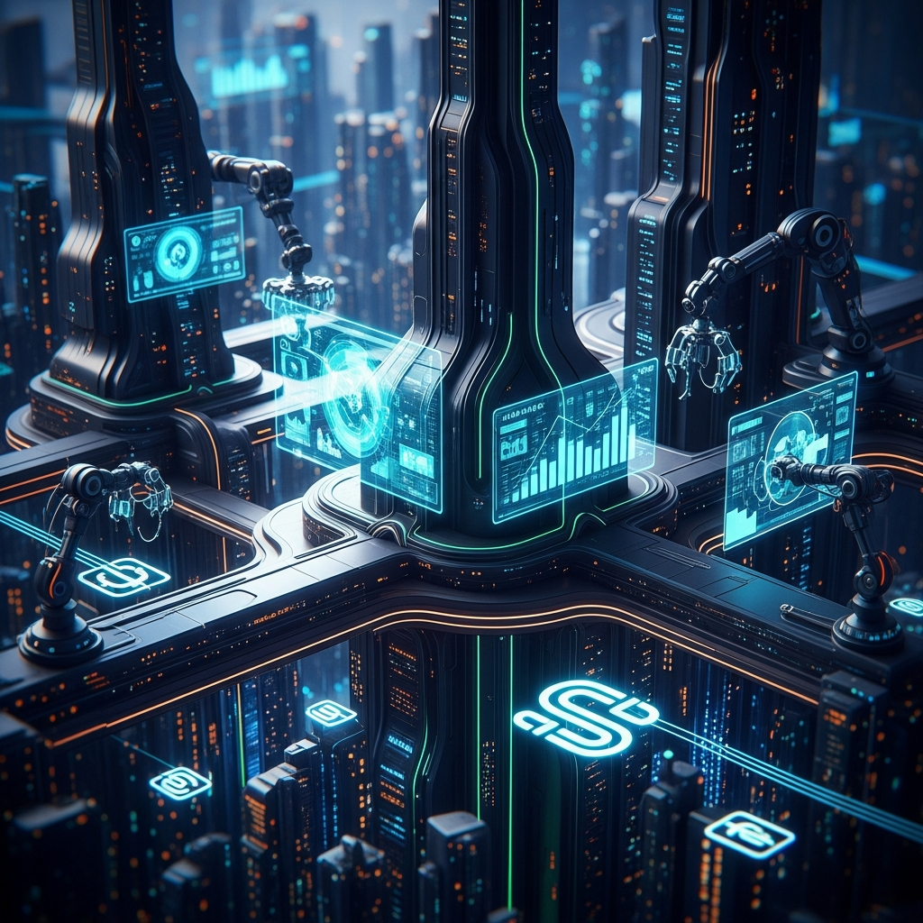A modern data center with glowing servers and AI neural network visualizations, blue and purple ambient lighting