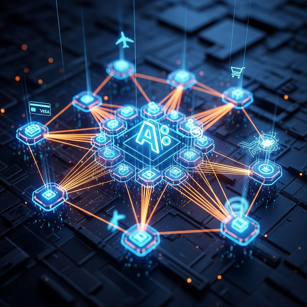 A strategic technology blueprint with AI agent architecture diagrams overlaid, professional photography style
