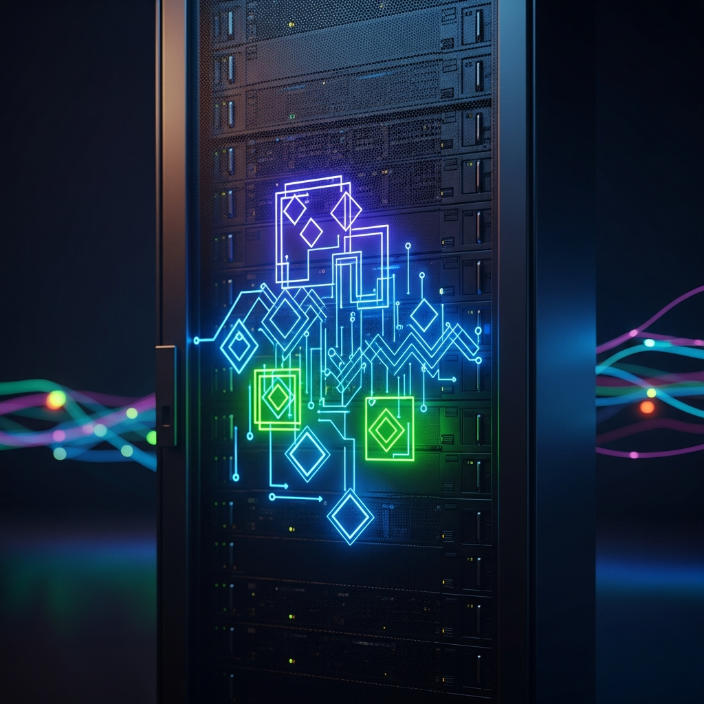 A minimalist server rack integrated with abstract, glowing geometric shapes repr