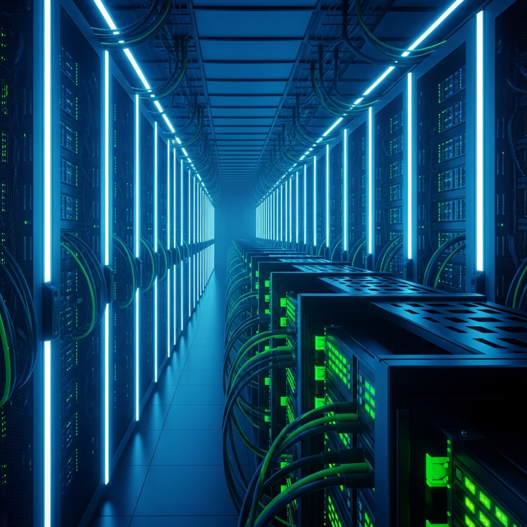A massive data center filled with rows of server racks, glowing with blue and gr