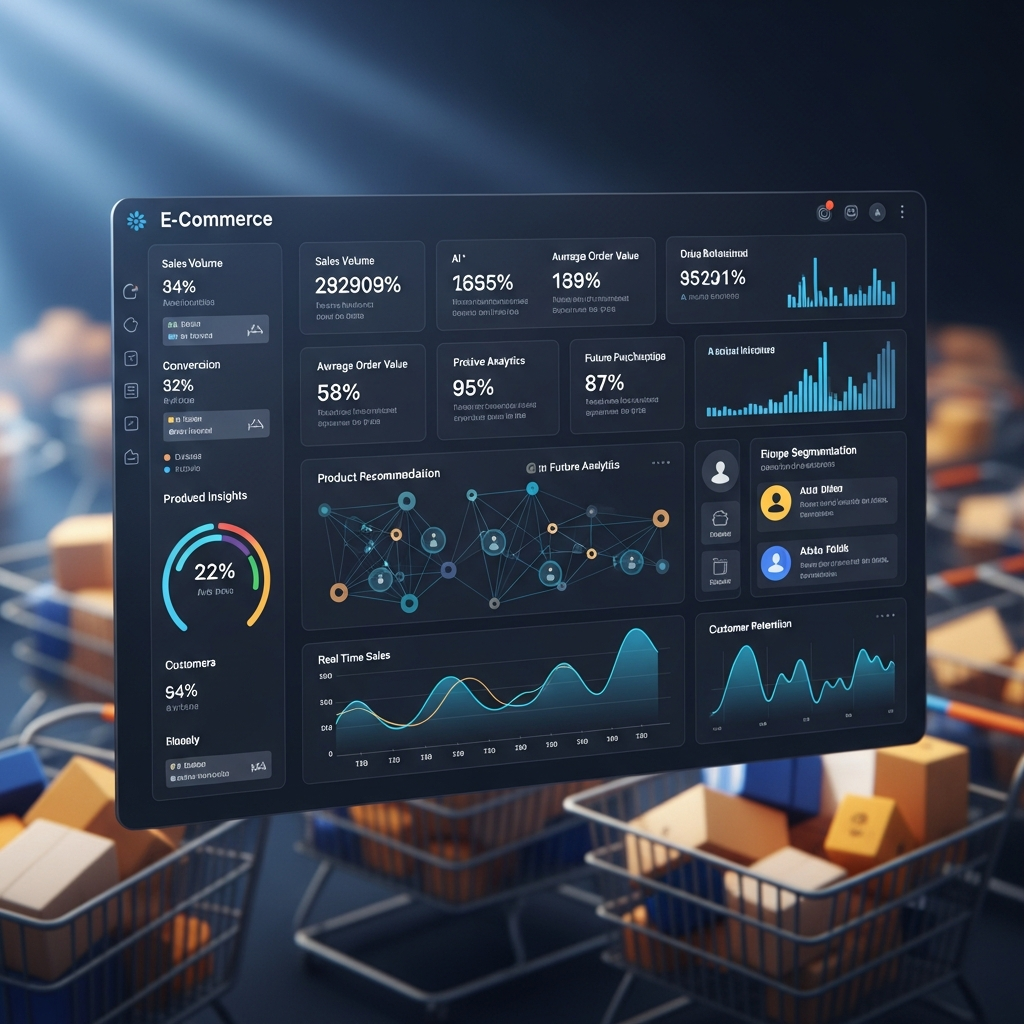 A digital dashboard displaying various e-commerce metrics and AI-driven purchasi