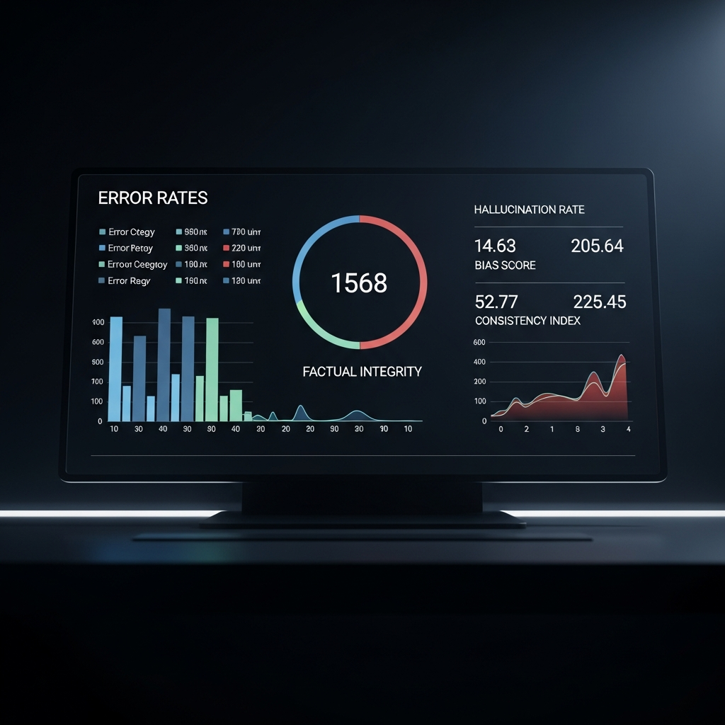 A stark, minimalist dashboard on a dark screen showing error rates and factual i
