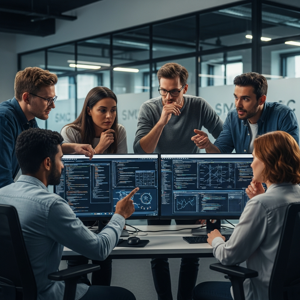 A diverse group of engineers working collaboratively in an office setting, looki
