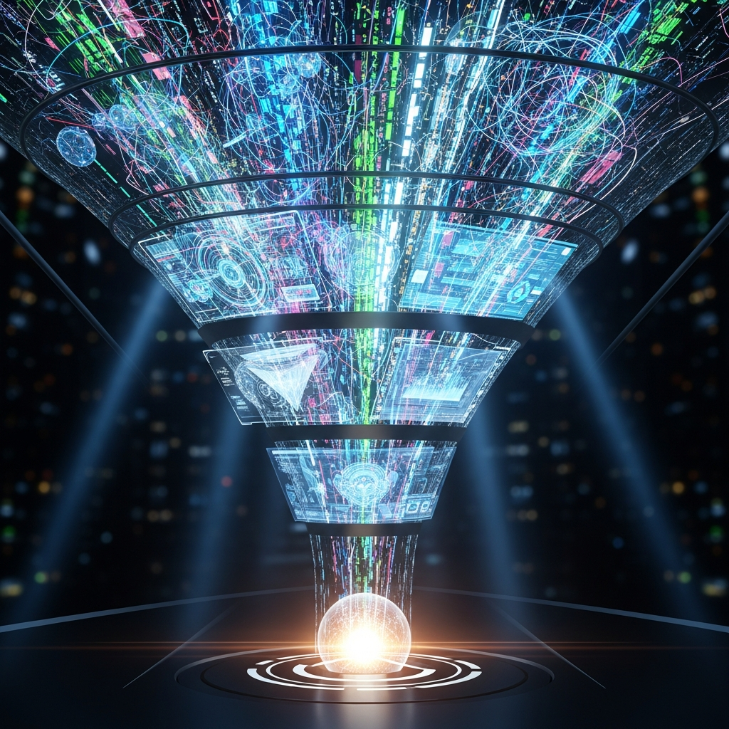 A conceptual visualization of a sales funnel where massive chaotic data inputs a