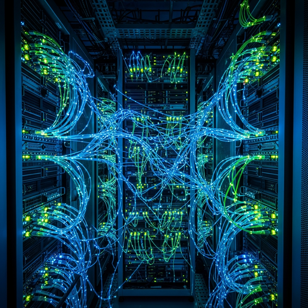 A complex but highly organized network of server racks connected by glowing fibe