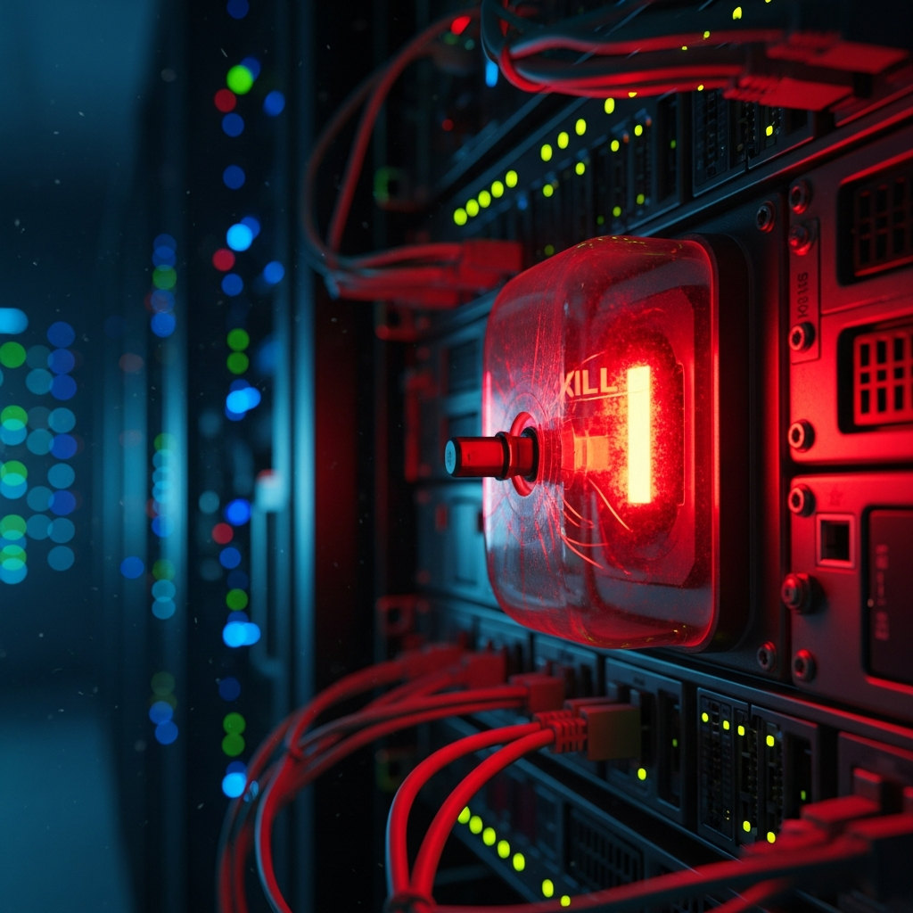 A close-up of a server rack in a dark data center, featuring a single, glowing r